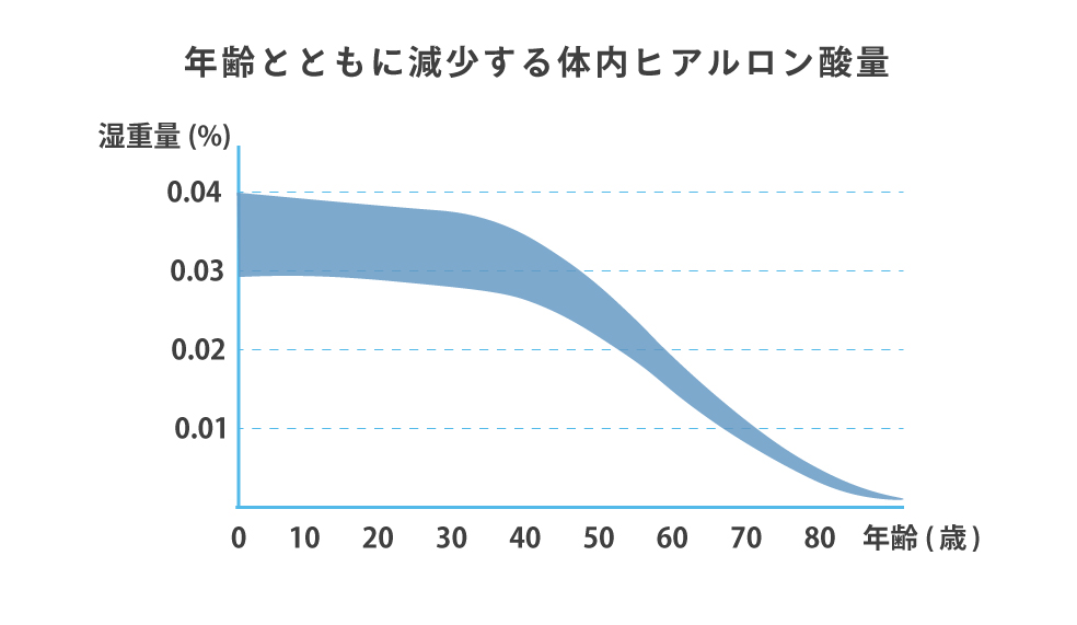 年齢とともに減少する体内ヒアルロン酸の図